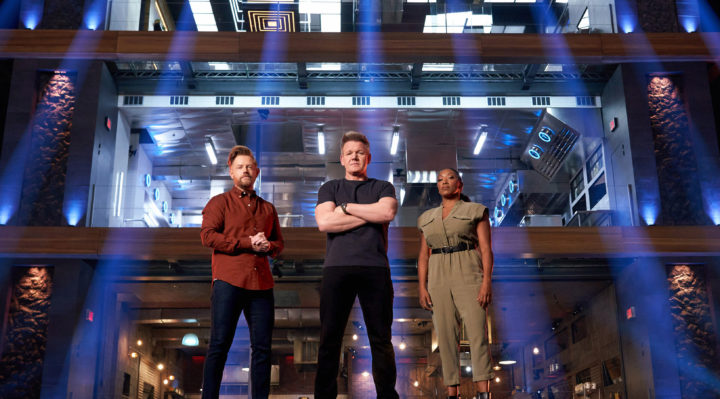 NEXT LEVEL CHEF: (L-R) Mentors Richard Blais, Gordon Ramsay and Nyesha Arrington. Epic culinary gauntlet, NEXT LEVEL CHEF premieres following NFL on FOX doubleheader, Sunday, January 2, on FOX. CR: Michael Becker / FOX. ©2021 / 2022 FOX Media LLC.