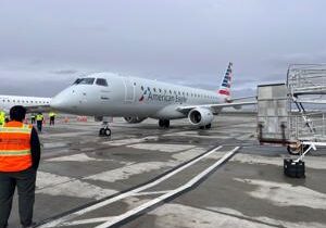 First American Airlines flight at Tri-Cities Airport takes off to Phoenix